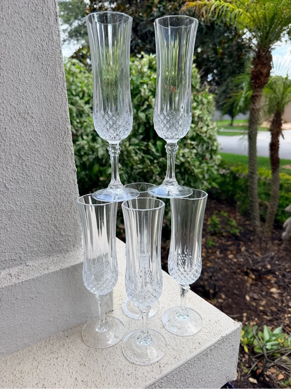 Set of 6 Clear Crystal Champagne Flutes Diamond Cut Optic Panel Stemware 8